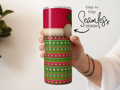 Christmas Tumbler with Seamless Santa Hat Design, Festive Red and Green Pattern, Holiday Drinkware Gift
