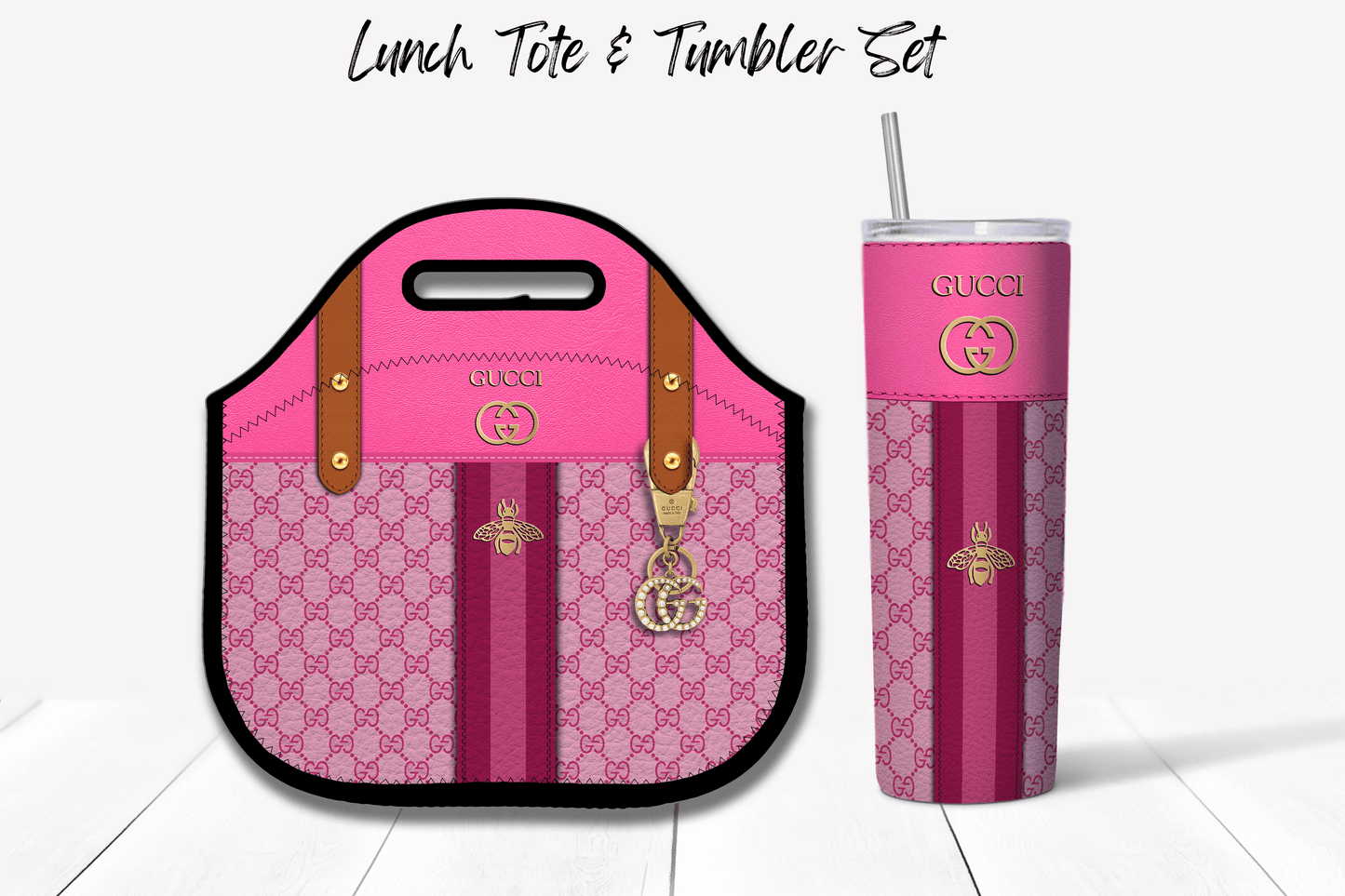 Gucci Pink Monogram with Brown Strap Lunch Tote and Tumbler Set Leather Texture - Hushed Designs