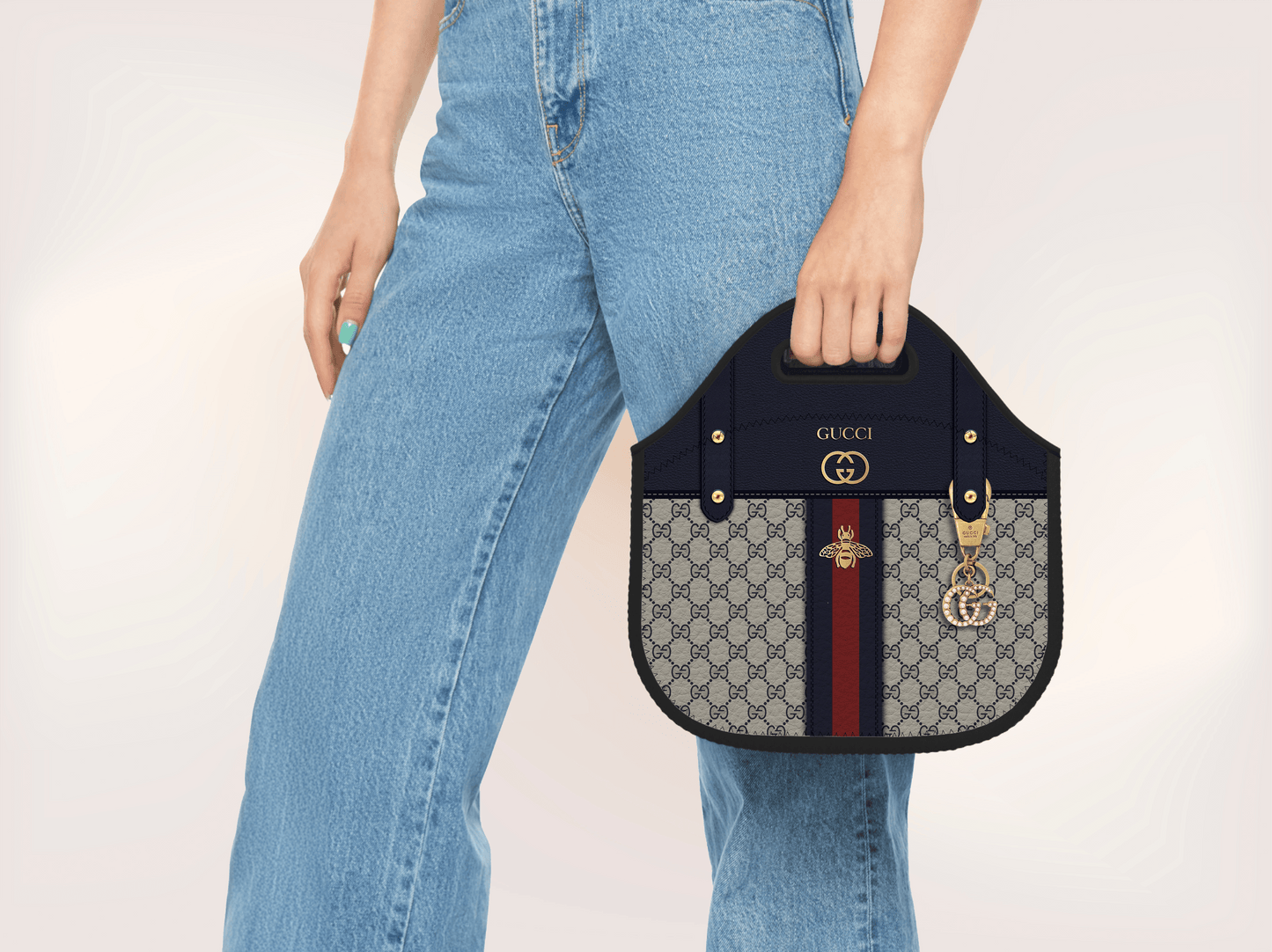 Gucci Navy Blue Monogram Lunch Tote and Tumbler Set Leather Texture - Hushed Designs