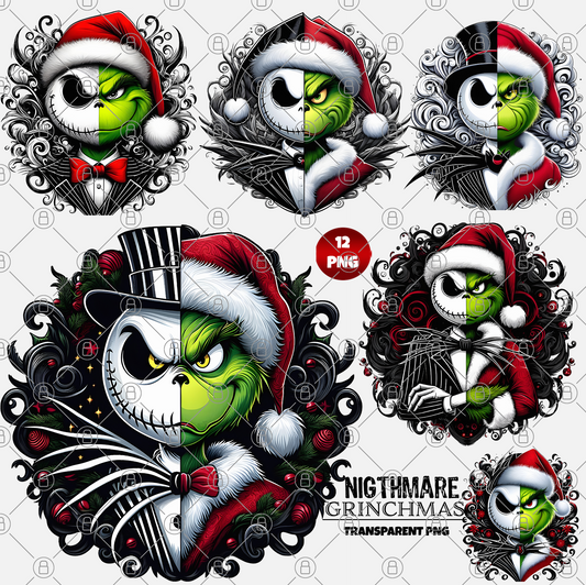 Illustration showcasing a blend of Christmas-themed characters with a whimsical, gothic flair. It features elements like Santa hats and bow ties in vibrant green and black hues. The high-resolution design includes the phrase "Nightmare Grinchmas" on a transparent background, ideal for the Grinch & Jack Skellington Fusion 12 x Transparent PNG Files.