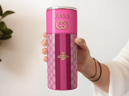 Gucci Pink Monogram with Brown Strap Lunch Tote and Tumbler Set Leather Texture - Hushed Designs