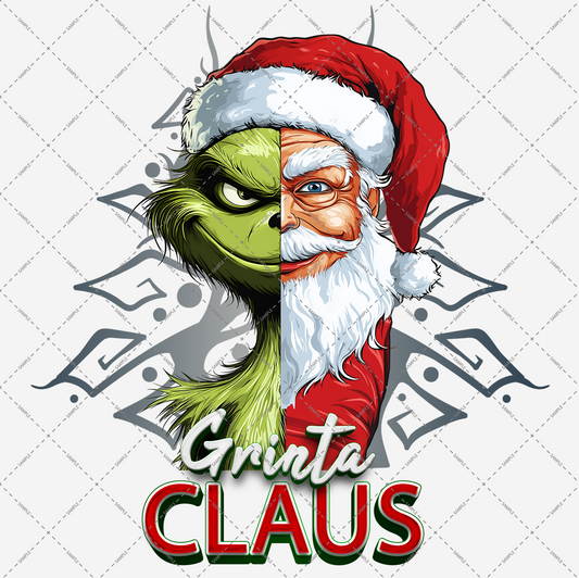 Featuring a creative design that merges half of the Grinch's face with half of Santa Claus's, this high-resolution digital file includes the text "Grinta Claus" in festive colors. The transparent background enhances the vibrant, stylized snowflakes, making it perfect for a holiday-themed presentation. Product Name: Grinta Claus Transparent PNG File.