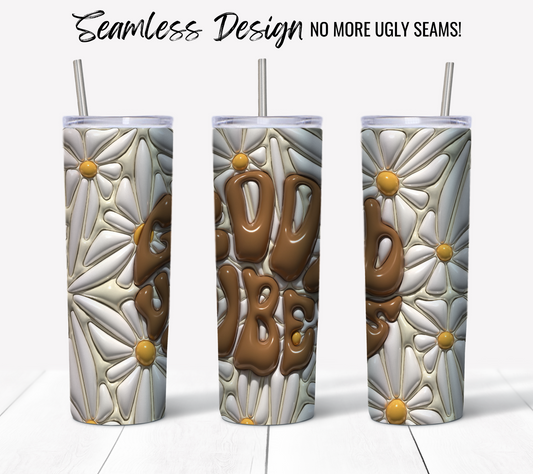 The Retro Good Vibes 3D Puff offers three seamless daisy-patterned designs in white, yellow, and brown for 20 oz tumblers. Enjoy bold "GOOD VIBES" lettering and a flawless look—perfect for sublimation without any unsightly seams!.