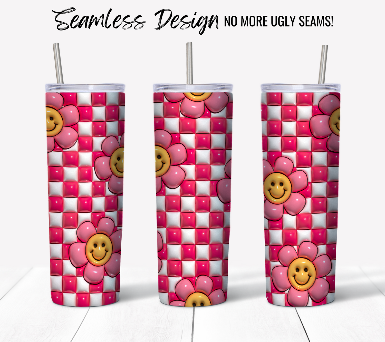 Three 20 oz tumblers with metal straws feature the Retro Smiley Face Pink 3D Puff wrap, showing a seamless pink and white checkered pattern with cheerful cartoon flowers. Ideal for sublimation—NO MORE UGLY SEAMS! Digital download.