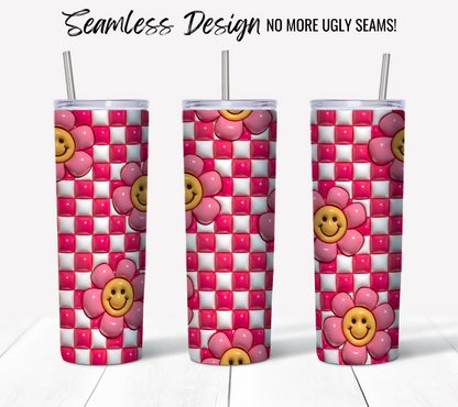 Three 20 oz tumblers with metal straws feature the Retro Smiley Face Pink 3D Puff wrap, showing a seamless pink and white checkered pattern with cheerful cartoon flowers. Ideal for sublimation—NO MORE UGLY SEAMS! Digital download.