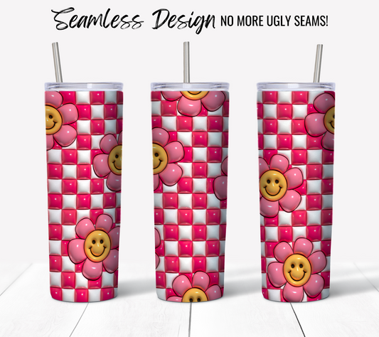 Three 20 oz tumblers with metal straws feature the Retro Smiley Face Pink 3D Puff wrap, showing a seamless pink and white checkered pattern with cheerful cartoon flowers. Ideal for sublimation—NO MORE UGLY SEAMS! Digital download.