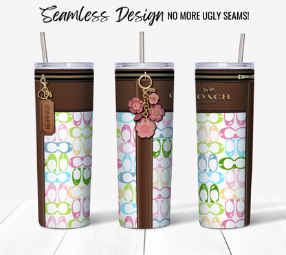 Three tall 20 oz NY Coach Pastel Monogram Plain skinny tumblers showcase vibrant flip-flop patterns and brown faux leather accents. Each tumbler comes with a silver straw, decorative keychains, and a sublimation tumbler wrap. The text at the top states, "Seamless Design, No More Ugly Seams!" making it perfect for digital download DIY projects.