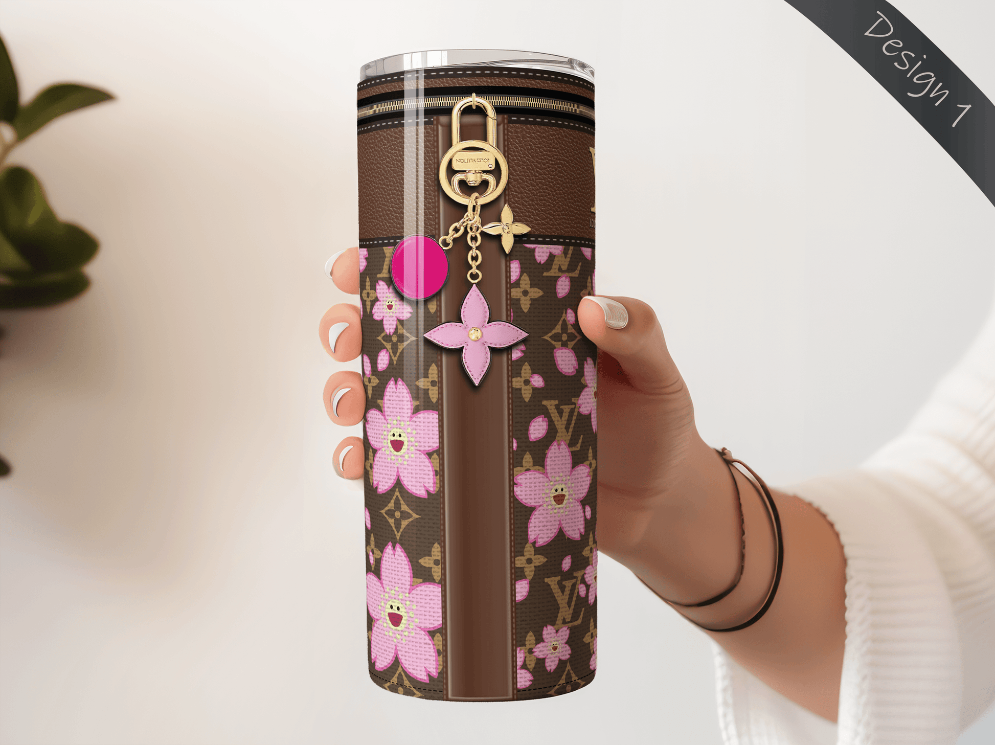 LV Brown Cherry Blossom Lunch Tote and Tumbler Set Fabric Texture - Hushed Designs