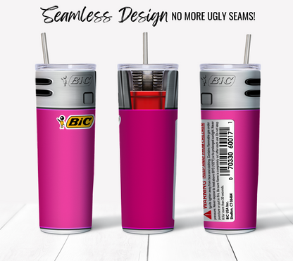 Three Bic Lighter Pink lighters with silver tops are displayed upright on a white surface, showcasing different angles. Text at the top reads "Seamless Design, No More Ugly Seams!" The lighters feature a sleek, seamless appearance with branding and safety label visible – perfect for sublimation printing on your next 20 oz Sublimation Tumbler Wrap.