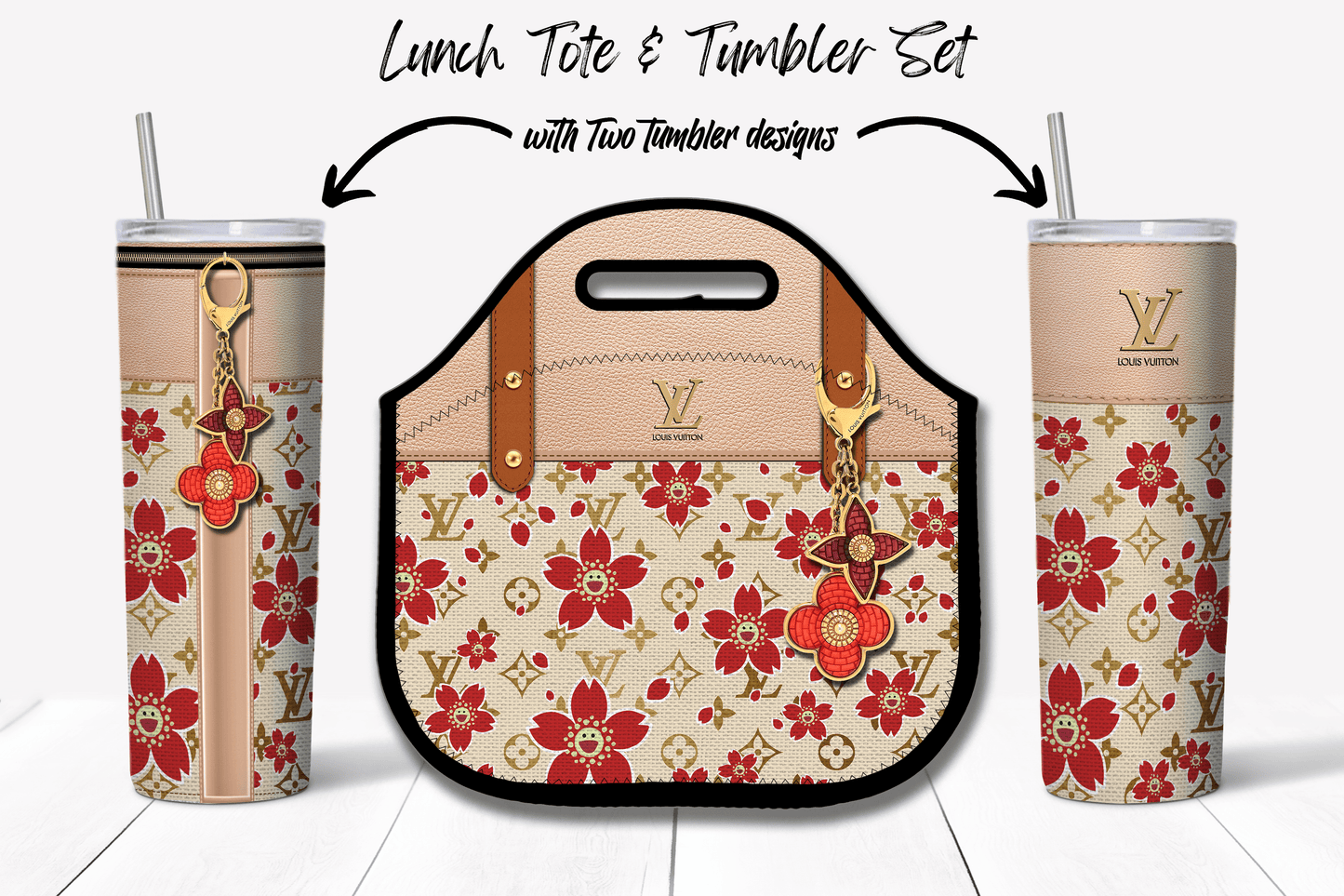 LV Beige Cherry Blossom Lunch Tote and Tumbler Set Fabric Texture - Hushed Designs