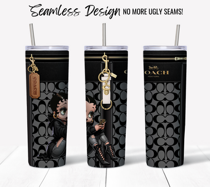 Three tall NY Coach Black and Grey Monogram tumblers with seamless Betty Boop patterns are shown. The tumbler on the left features a keychain with a chibi character; the middle one has a character holding a teddy bear, and the right one displays the Coach logo and a keychain, ideal for sublimation printing.