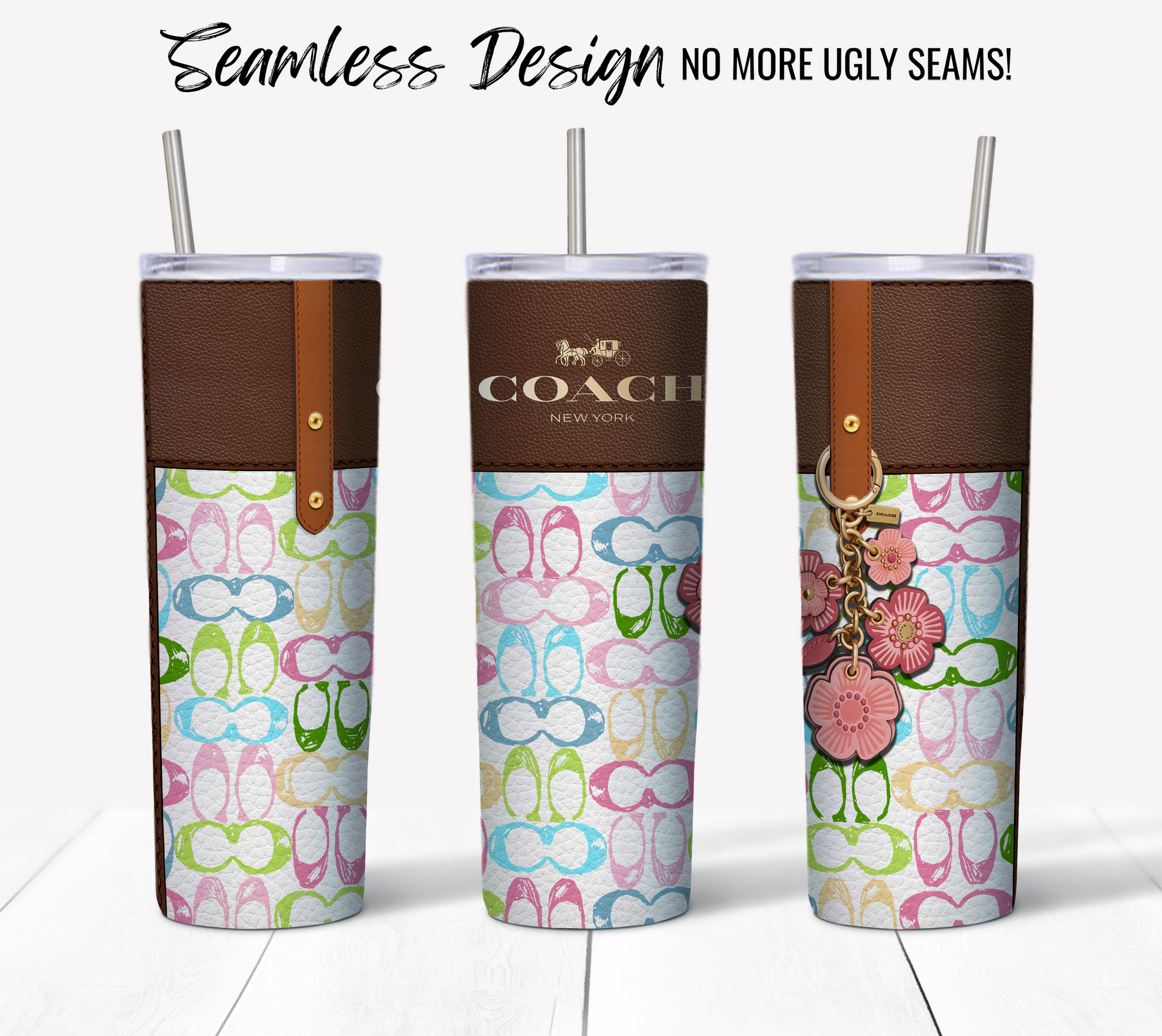 Three NY Coach Pastel Monogram Leather Texture 20 oz skinny tumblers with seamless designs showcase colorful flip-flops, brown leather accents, and floral charms. The sublimation tumbler wrap ensures "Seamless Design - No More Ugly Seams!" Ideal for vibrant digital downloads that stand out.