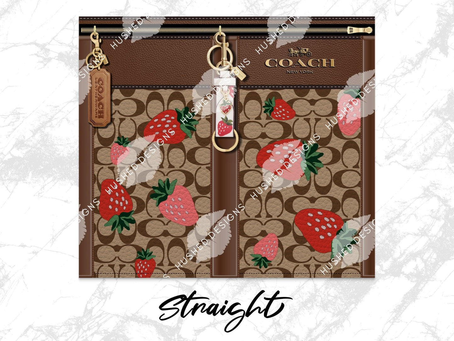 NY Coach Brown Monogram with Strawberries Leather Texture - Hushed Designs