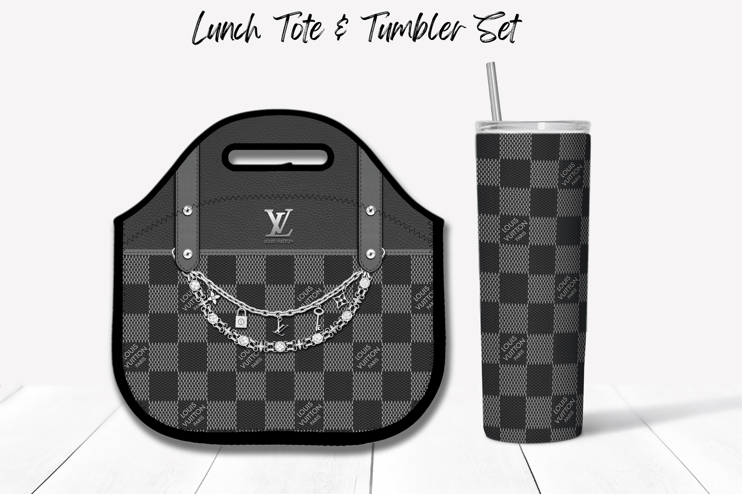 LV Grey Checkered Lunch Tote and Tumbler Set - Hushed Designs