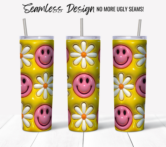 Smiley Face Yellow 3D Puff: A seamless yellow 20 oz tumbler wrap with pink smiley faces and white daisies. Perfect for your sublimation or skinny tumbler wrap digital download—enjoy a flawless, seam-free design!.