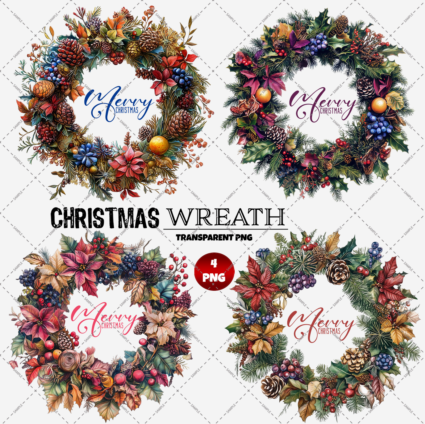 Experience the charm of Christmas with the "Floral Christmas Wreath" collection, featuring four distinct wreath designs adorned with unique holiday decorations like berries, pine cones, and flowers. These high-resolution digital PNG files come on a transparent background and beautifully frame a "Merry Christmas" message.