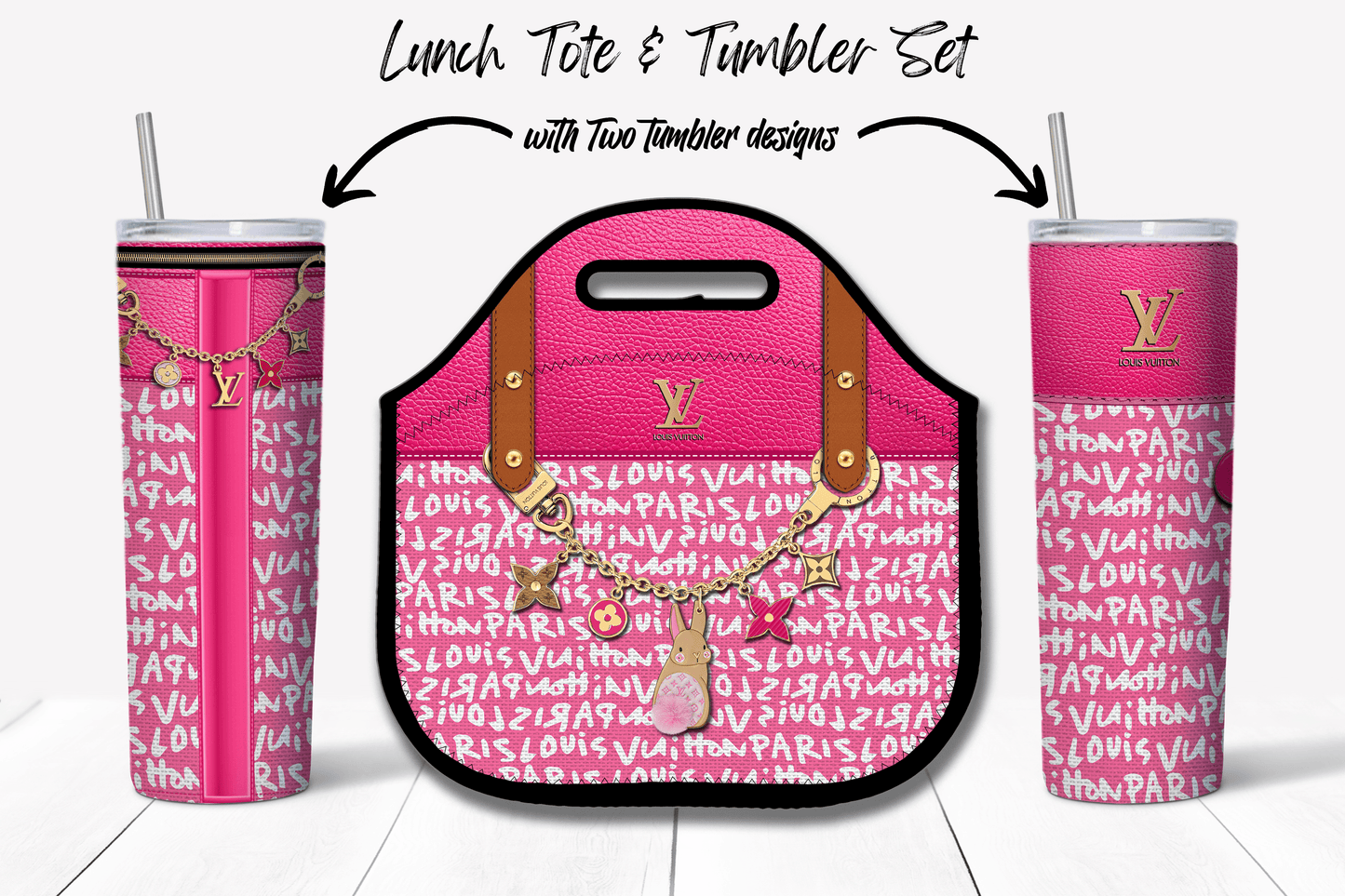 LV Pink Graffiti Monogram Lunch Tote and Tumbler Set Fabric Texture - Hushed Designs