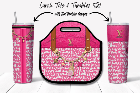 LV Pink Graffiti Monogram Lunch Tote and Tumbler Set Fabric Texture - Hushed Designs