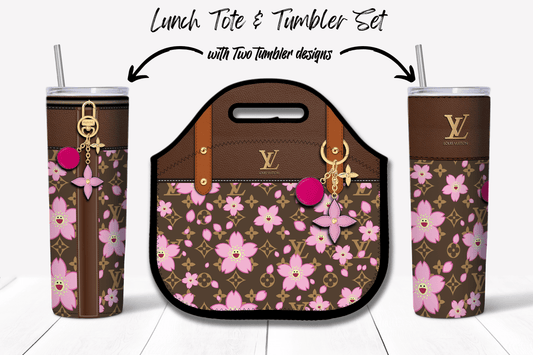 LV Brown Cherry Blossom Lunch Tote and Tumbler Set Plain - Hushed Designs