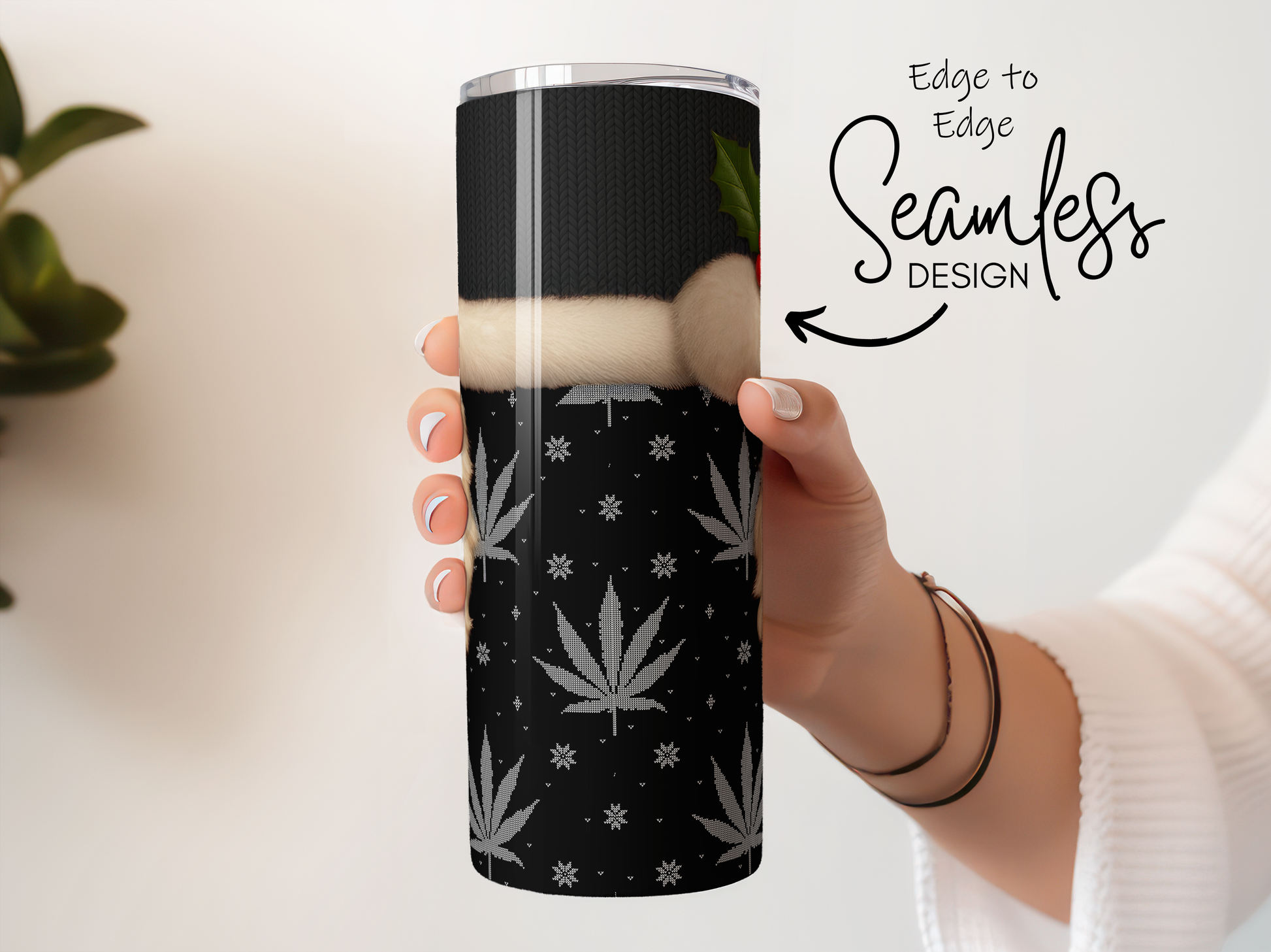 Seamless Cannabis Leaf Design Tumbler, Stainless Steel Insulated Travel Mug, Black and White Weed Pattern, Gift for Her