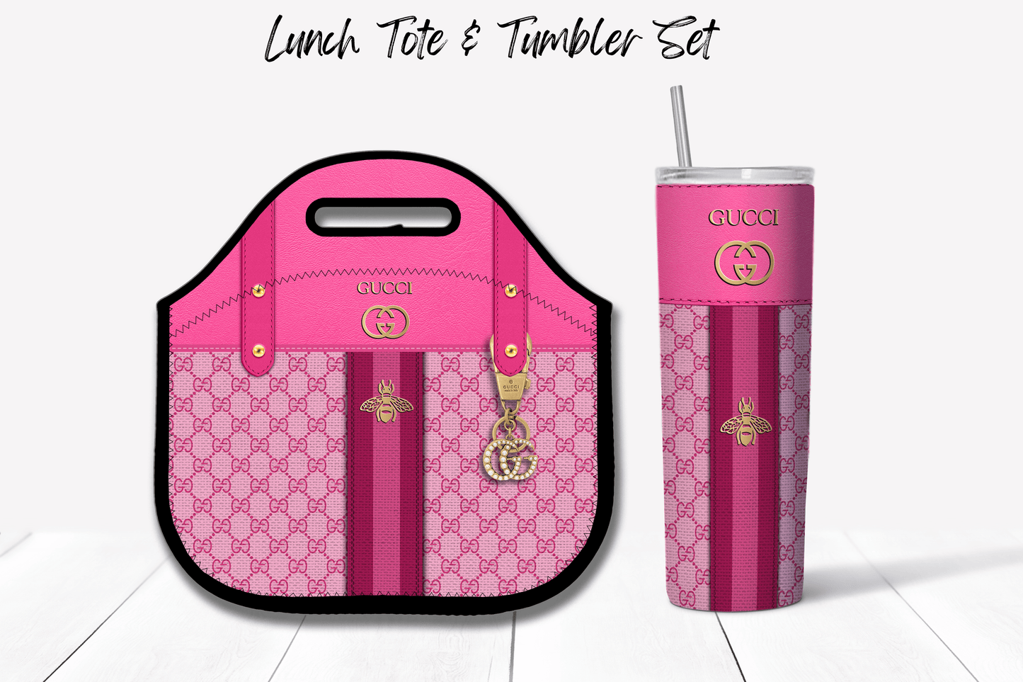 Gucci Pink Monogram with Pink Strap Lunch Tote and Tumbler Set Fabric Texture - Hushed Designs