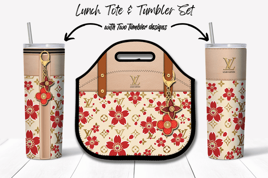 LV Beige Cherry Blossom Lunch Tote and Tumbler Set Plain - Hushed Designs