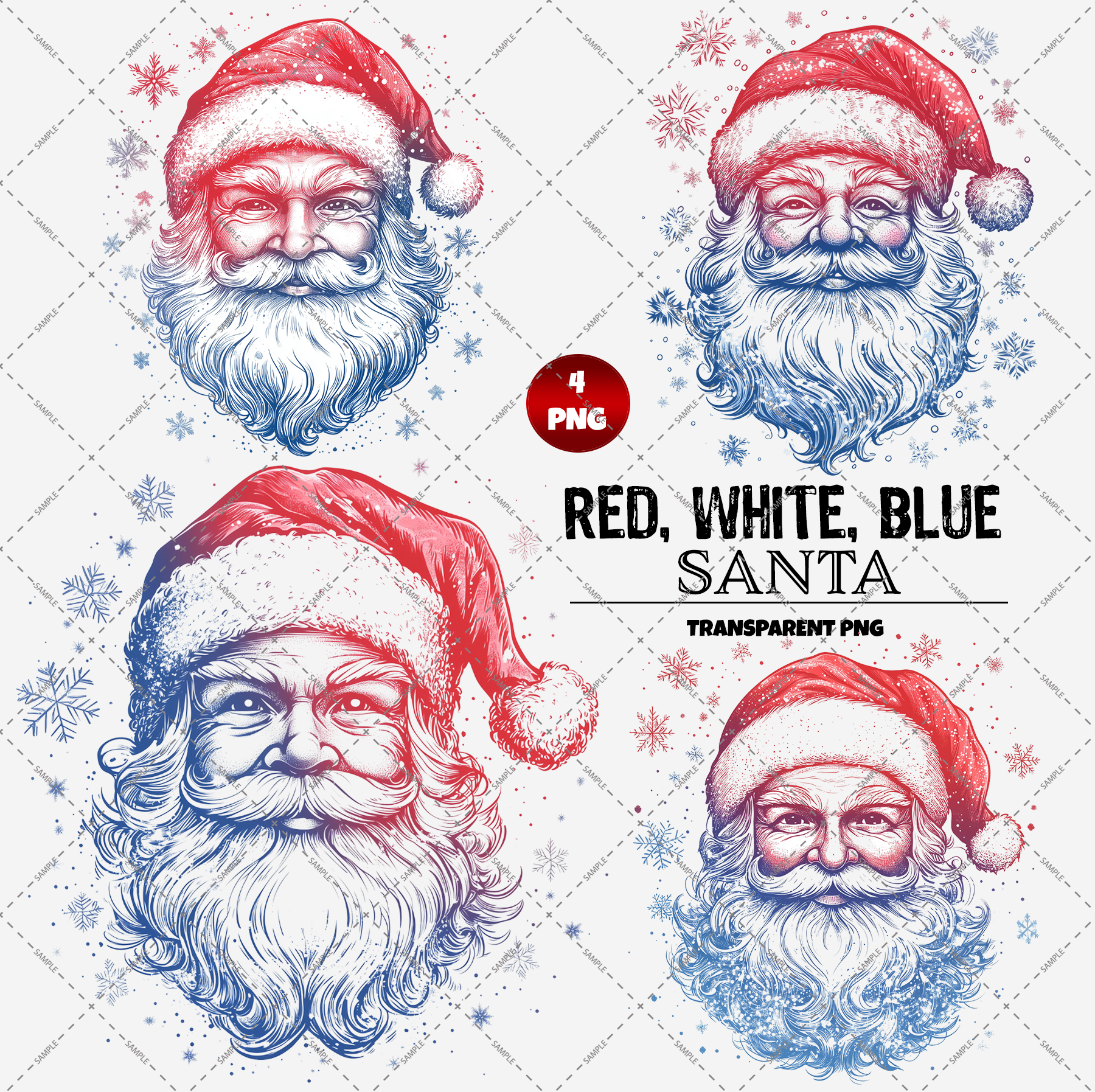 The product includes four high-resolution transparent PNG images featuring Santa Claus in red, white, and blue tones with a classic Santa hat. The design is titled "Santa Face Red, White & Blue 4 x Transparent PNG Files" and showcases scattered snowflakes surrounding each Santa illustration.