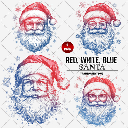 The product includes four high-resolution transparent PNG images featuring Santa Claus in red, white, and blue tones with a classic Santa hat. The design is titled "Santa Face Red, White & Blue 4 x Transparent PNG Files" and showcases scattered snowflakes surrounding each Santa illustration.