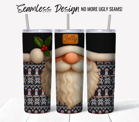 Jolly Santa Ugly Sweater #15: three seamless Santa gnome designs for 20 oz sublimation or skinny tumbler wraps. Features long white beard, holly hat, "Jolly" label, and festive sweater. Digital download—no ugly seams!.