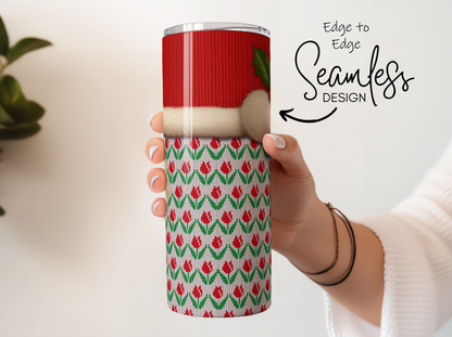 Seamless Christmas Tumbler Design, Red Green Knit Pattern, Holiday Drinkware Gift, Santa Hat Detail, Travel Mug