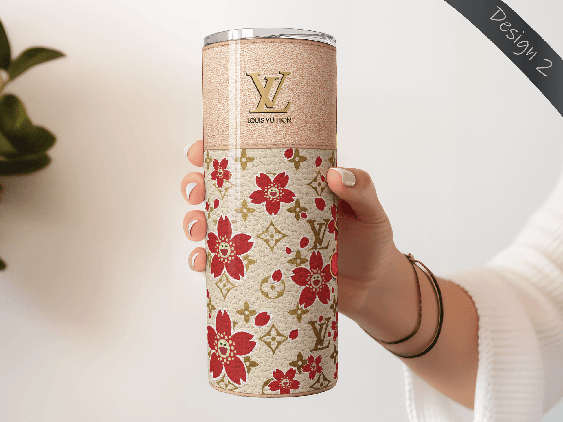 LV Beige Cherry Blossom Lunch Tote and Tumbler Set Leather Texture - Hushed Designs