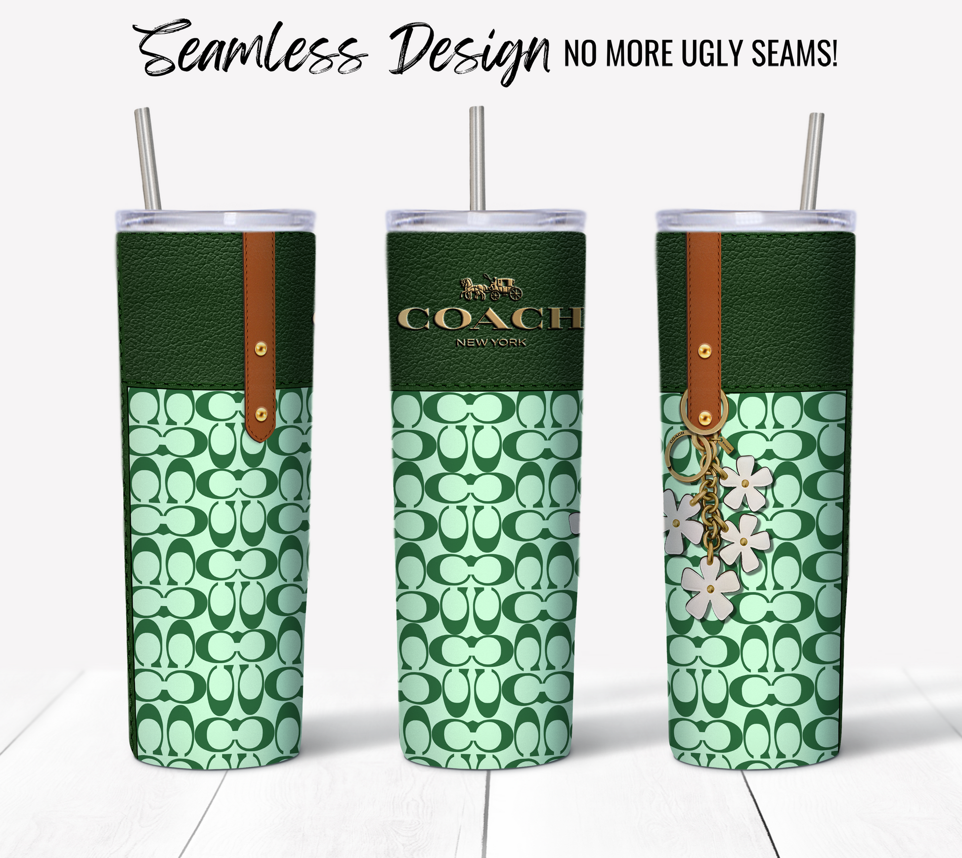 Explore the NY Coach Forrest Green Monogram Plain collection, featuring our seamless design of three green and teal 20 oz skinny tumblers, each sporting the iconic Coach logo. The middle tumbler is embellished with a gold logo, while the one on the right includes a leather strap and floral accents. Ideal for sublimation tumbler wrap or digital download aficionados!