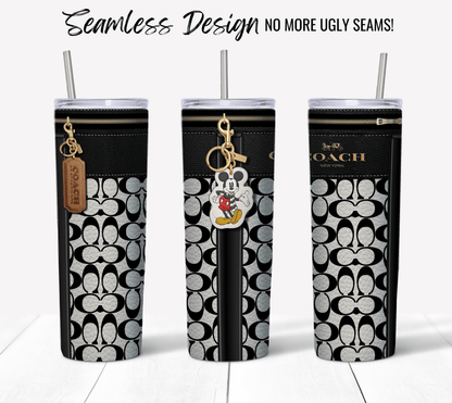 NY Coach Black and White Monogram with Mickey Key Chain Leather Texture - Hushed Designs