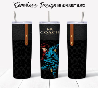 Three black NY Coach Marvel 20 oz skinny tumblers with a seamless design are displayed. They feature a leather-like textured pattern with brown accents. One tumbler showcases a colorful illustration of a person in blue. Straws are inserted into the lids, making them ideal for those looking to create sublimation tumbler wraps.