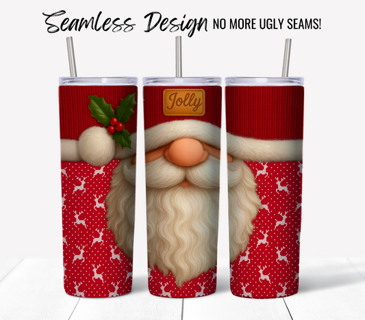 Set of three stainless steel tumblers wrapped in the Jolly Santa Ugly Sweater #3 seamless sublimation design, featuring Santa's hat, beard, and red suit with white reindeer. Includes digital download. Text: "Seamless Design NO MORE UGLY SEAMS!.