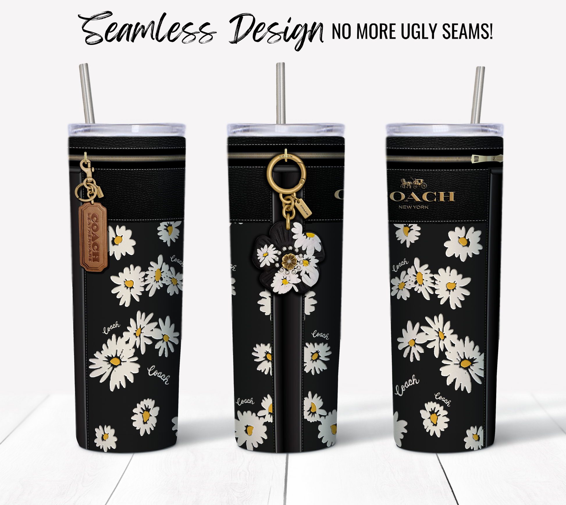 Three NY Coach Daisy Plain tumblers are displayed on a white background. Each 20 oz Sublimation Tumbler showcases a seamless design with no visible seams, accompanied by a silver straw and an option for a handle or keychain attachment. The text "Seamless Design NO MORE UGLY SEAMS!" is prominently featured at the top, making them perfect for sublimation printing.