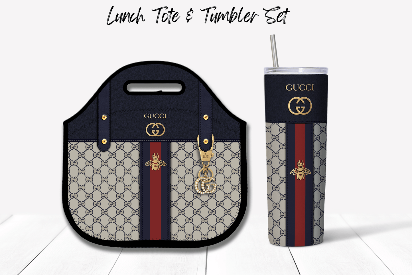 Gucci Navy Blue Monogram Lunch Tote and Tumbler Set Plain - Hushed Designs