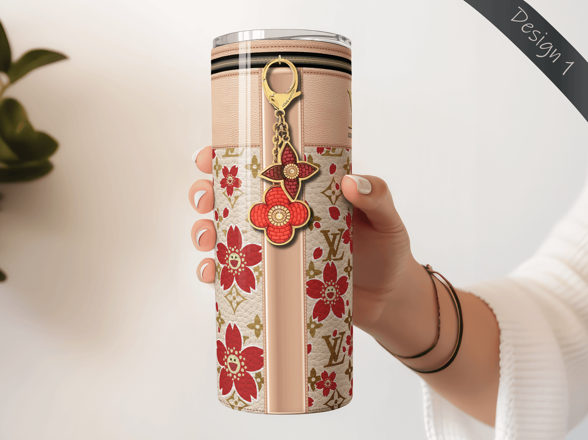 LV Beige Cherry Blossom Lunch Tote and Tumbler Set Leather Texture - Hushed Designs