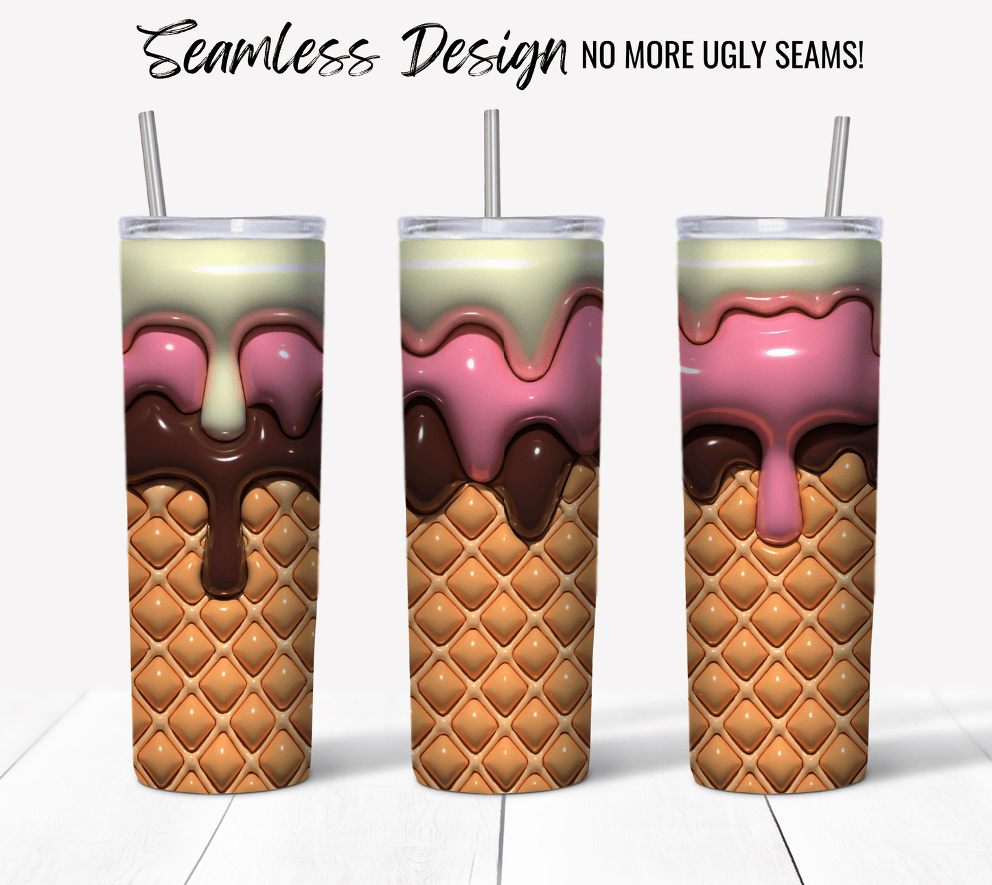 Ice Cream Cone with Pink and Chocolate 3D Puff - Hushed Designs