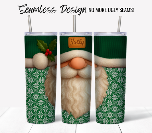 The Jolly Santa Ugly Sweater #19 Tumbler Wrap features a seamless Santa design with a green knit hat, holly, and “Jolly” patch—ideal for 20 oz skinny tumblers as a sublimation wrap or digital download.