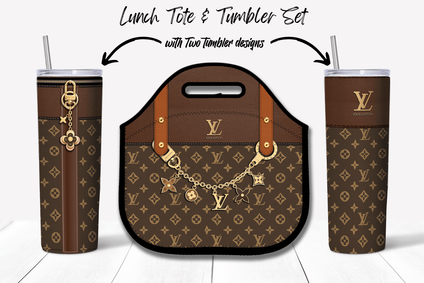 LV Brown Monogram Lunch Tote and Tumbler Set Fabric Texture - Hushed Designs