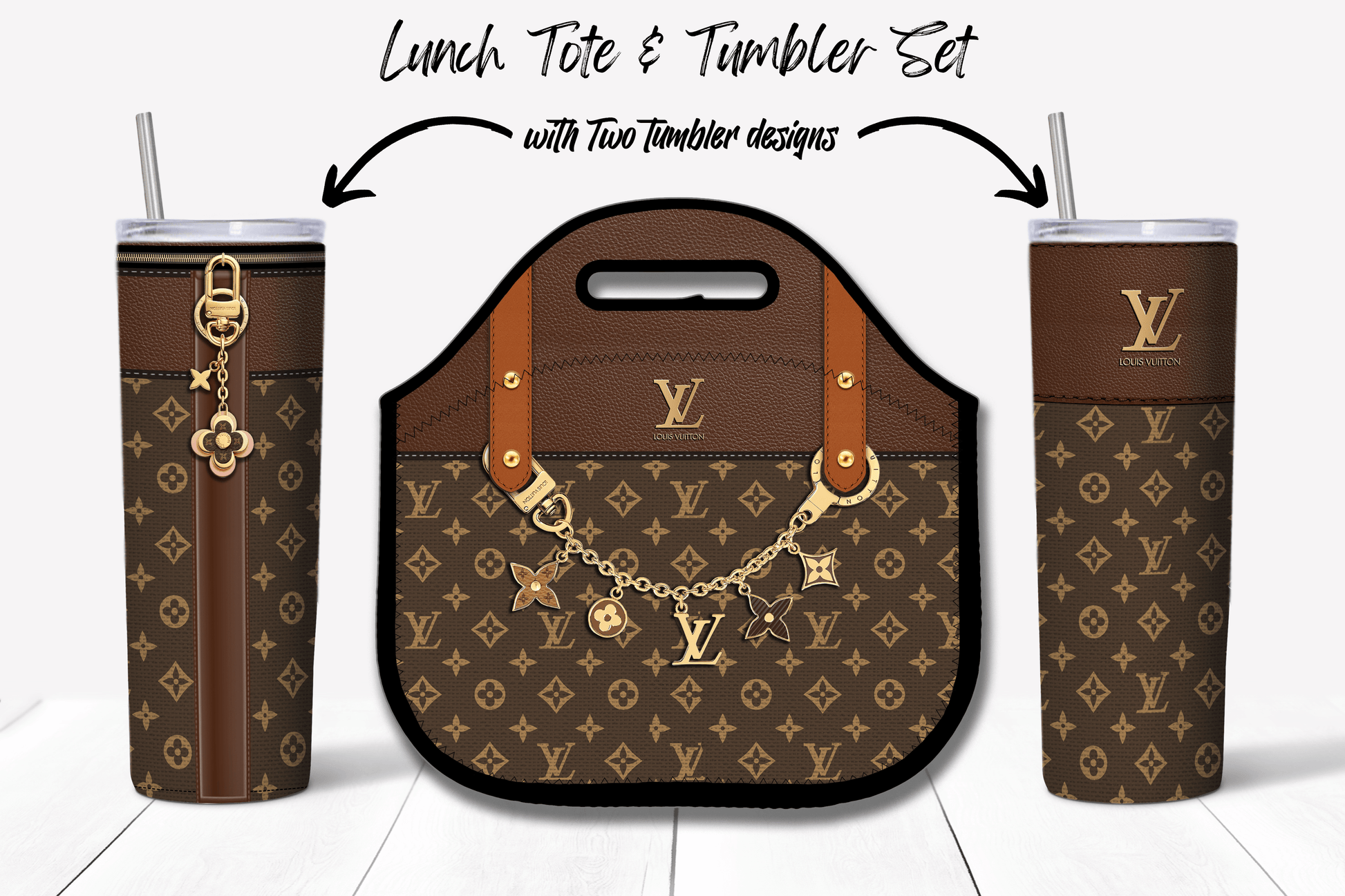 LV Brown Monogram Lunch Tote and Tumbler Set Fabric Texture - Hushed Designs