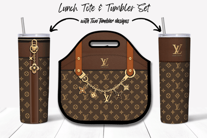 LV Brown Monogram Lunch Tote and Tumbler Set Fabric Texture - Hushed Designs