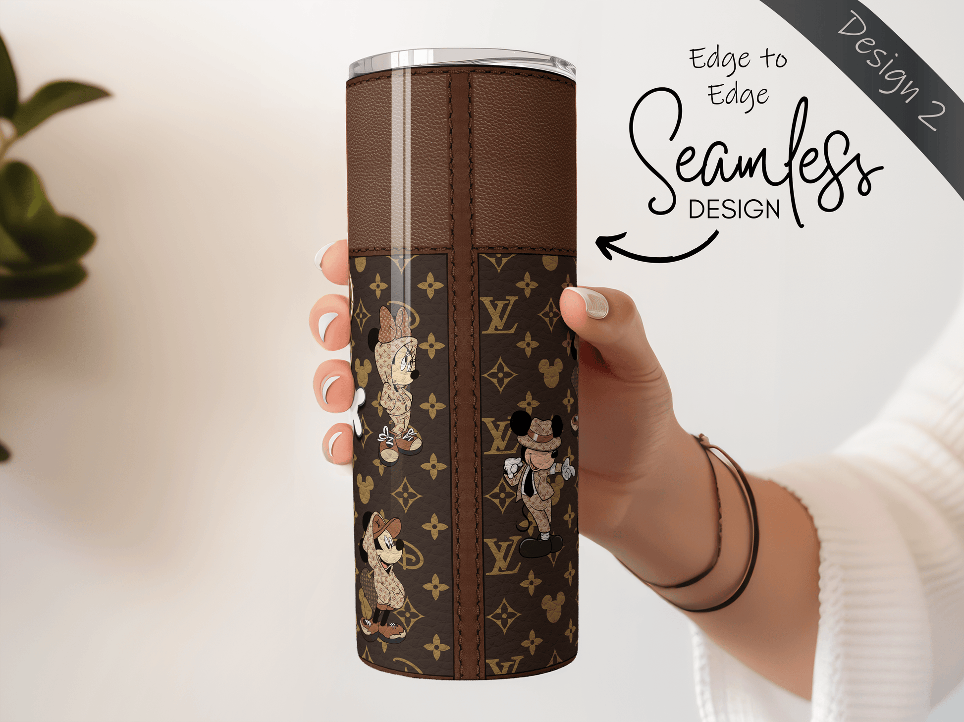 LV Brown Mickey & Minnie Lunch Tote and Tumbler Set Leather Texture - Hushed Designs