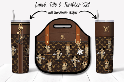 LV Brown Mickey & Minnie Monogram Lunch Tote and Tumbler Set Fabric Texture - Hushed Designs