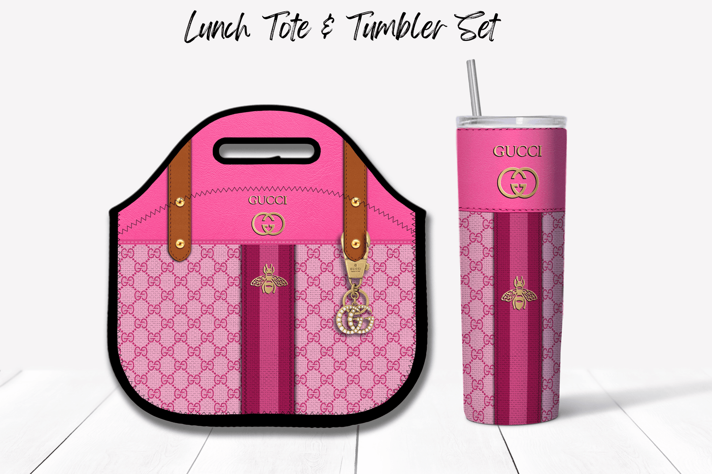 Gucci Pink Monogram with Brown Strap Lunch Tote and Tumbler Set Fabric Texture - Hushed Designs