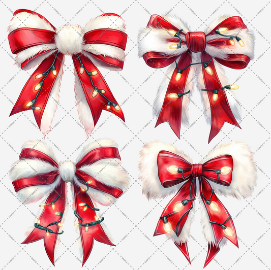 High-resolution illustration showcasing the "Christmas Coquette Bow" set, featuring four uniquely styled festive red and white bows adorned with fluffy white accents and glowing Christmas lights. Each bow is beautifully arranged against a light gray grid background, presented in transparent PNG format.