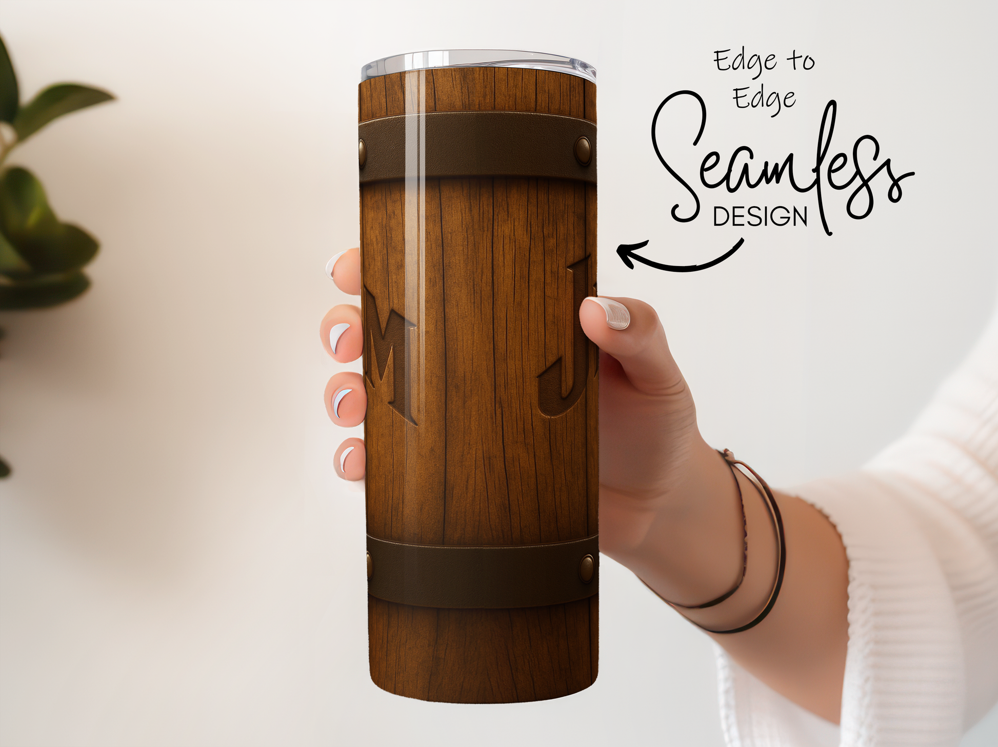 Personalized Wooden Barrel Design Tumbler, Custom Initial Monogram, Seamless Travel Mug, Unique Gift Idea