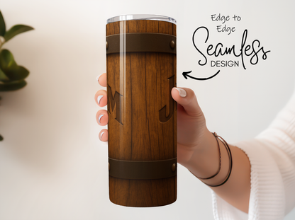 Personalized Wooden Barrel Design Tumbler, Custom Initial Monogram, Seamless Travel Mug, Unique Gift Idea