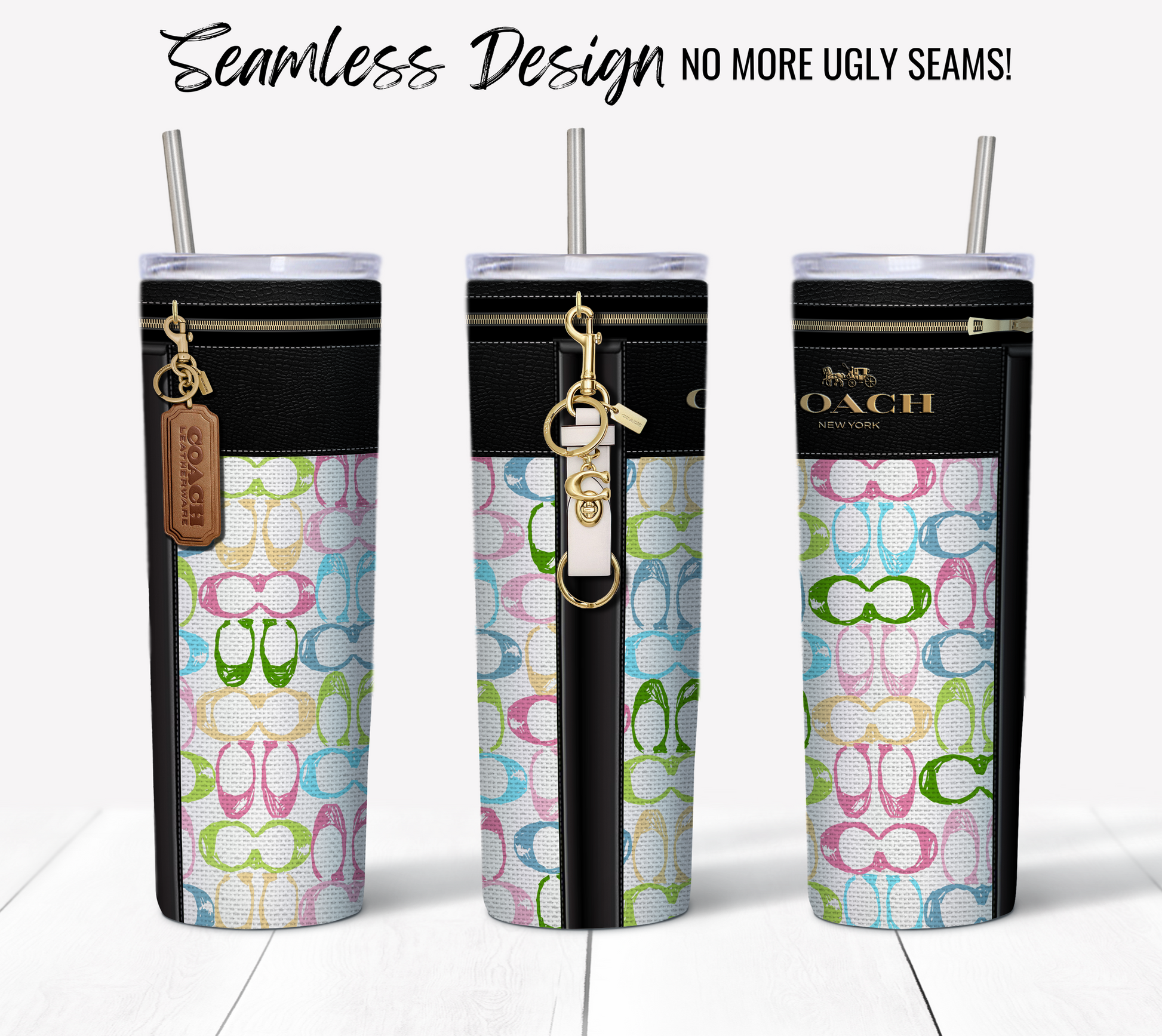 Displayed on a white surface are three tall, vibrant 20 oz sublimation tumblers featuring seamless NY Coach Pastel Monogram Fabric Texture patterns, each with an attached keychain. The overhead text states, "Seamless Design No More Ugly Seams!" Ideal for anyone looking to enhance their digital download collection with a stylish sublimation tumbler wrap.